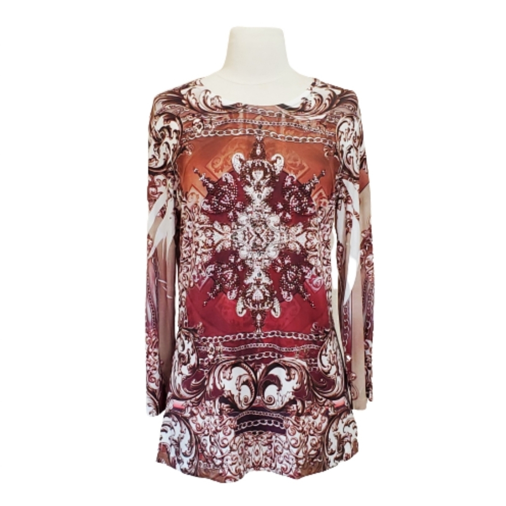 Reba Red Brown Ornate Print Long Sleeve Blouse